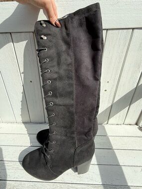 Aldo Black Over-the-Knee Lace-Up Block Heel Boots